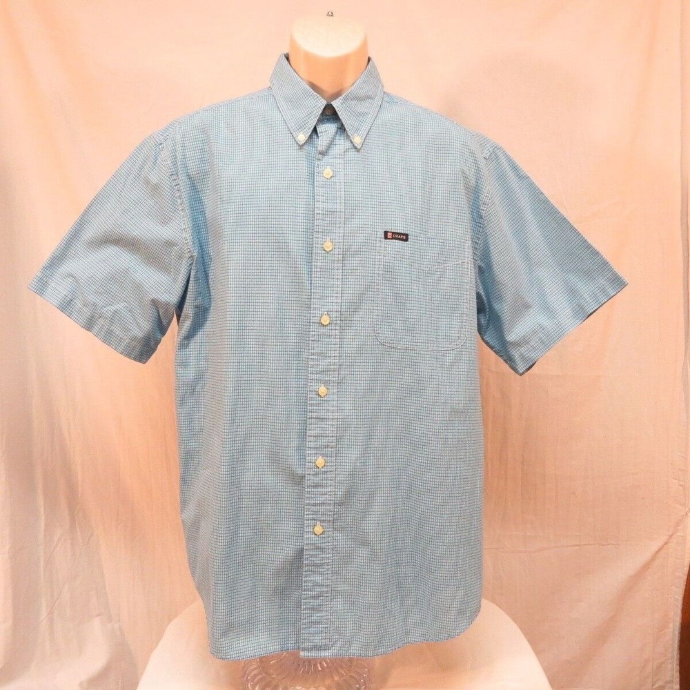 Ralph Lauren Easy Care Shirt Casual Short Sleeve Button Down Blue Plaid Size L